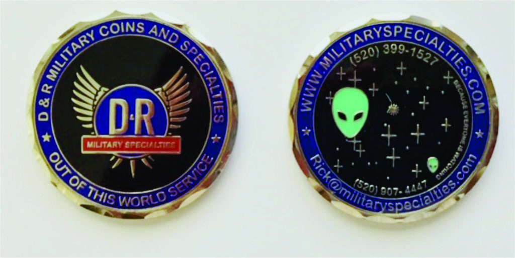 Example of a business coin challenge coin.  The best business card in the world.    It shows a sales message as well as contact information.  Plus a little humor added in.  